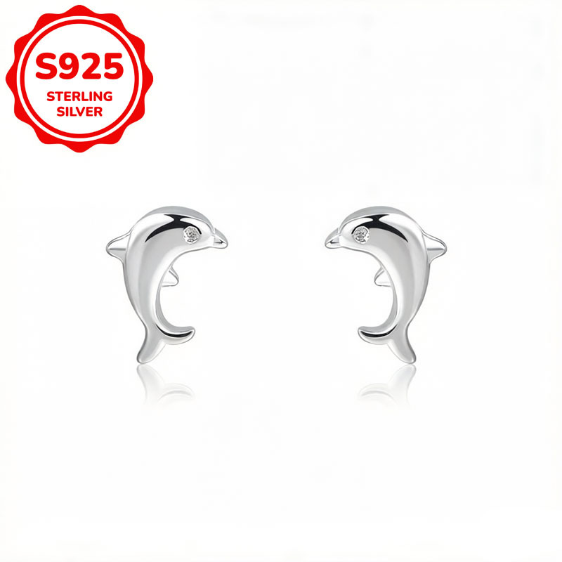 Women's S925 Silver Dolphin Stud Earrings, Cute and Elegant